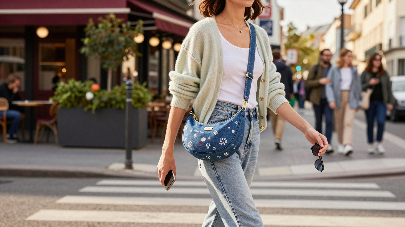 Mulher a atravessar passadeira com casaco bege, jeans, mala azul e a segurar telemóvel e óculos escuros.