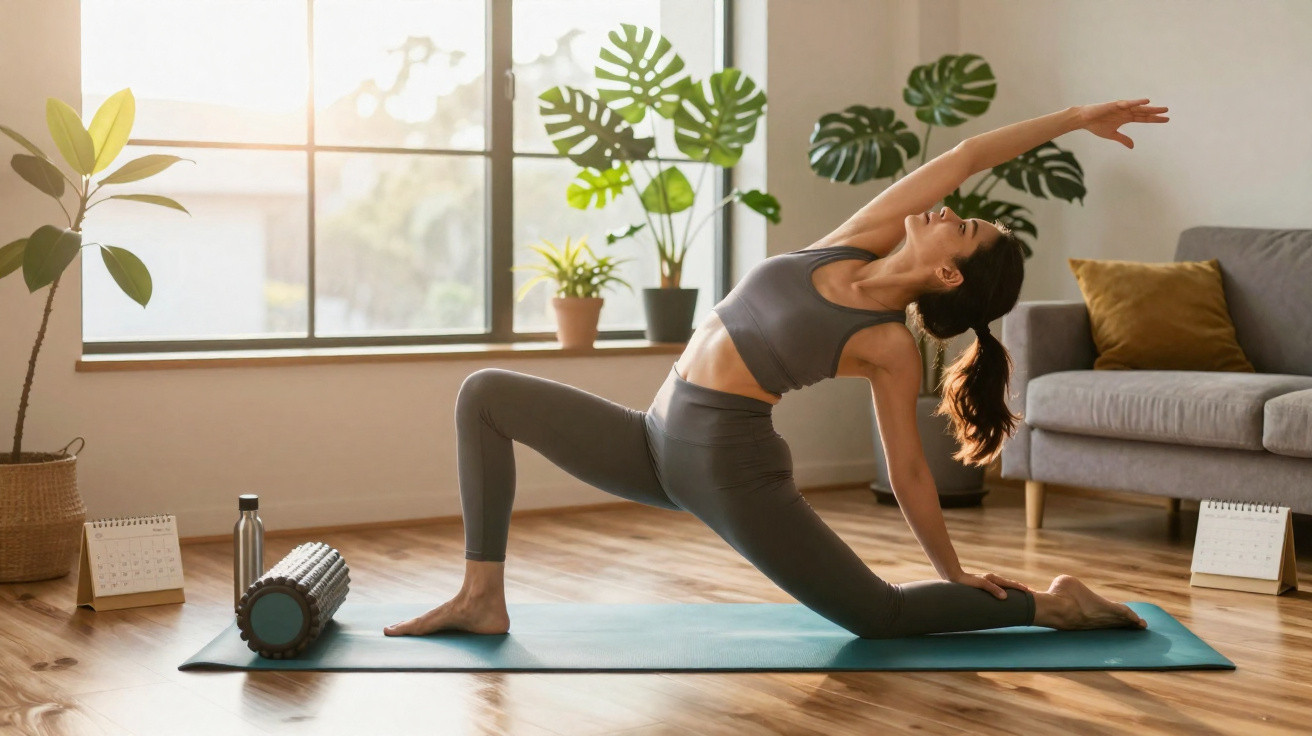 Mulher a fazer alongamentos num tapete de yoga numa sala luminosa com plantas e sofá.