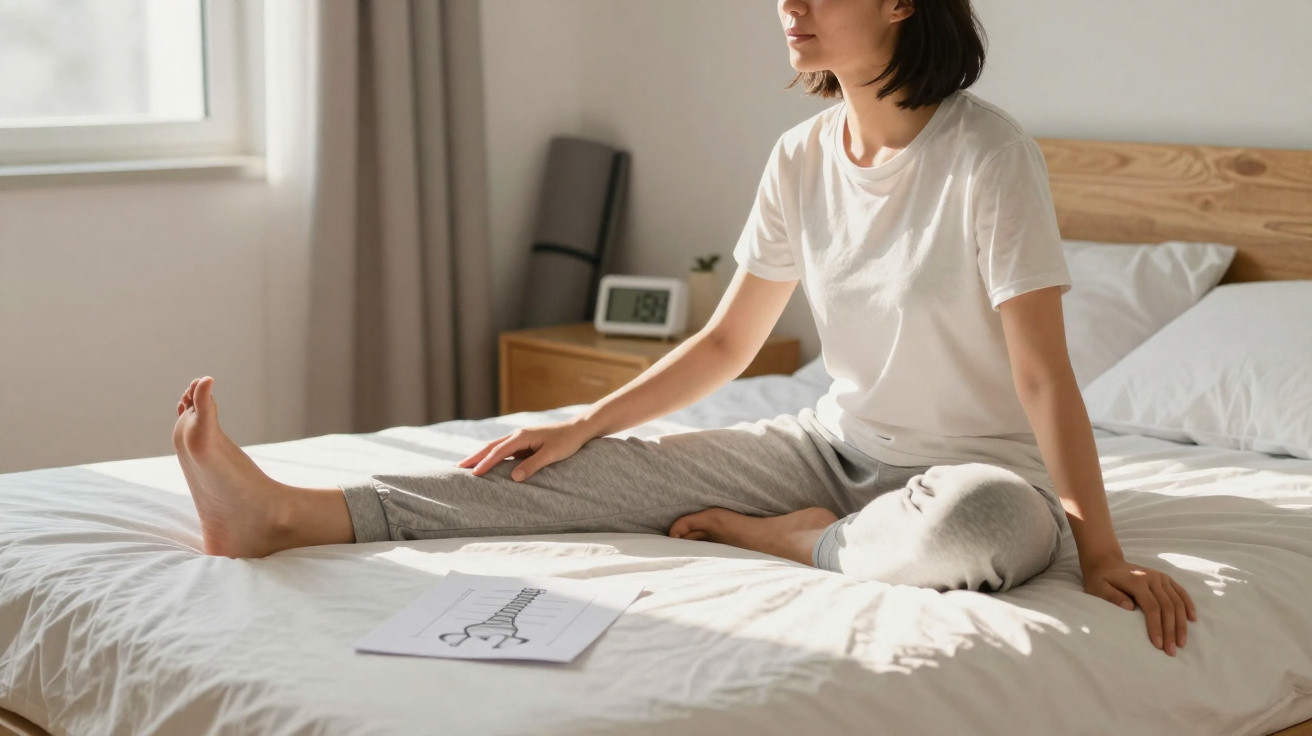 Mulher sentada na cama a alongar a perna, com desenho da coluna ao lado, em quarto iluminado pela luz natural.