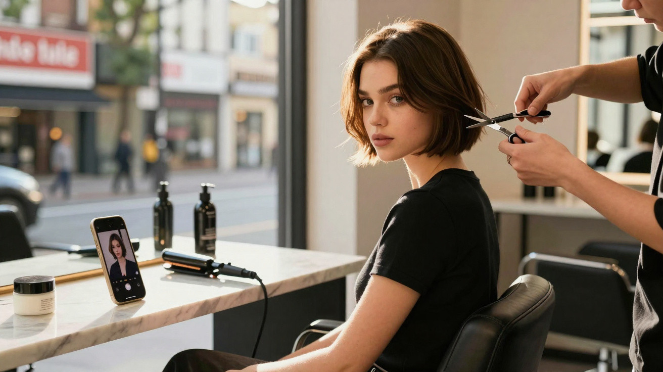Mulher com cabelo curto a ser cortado num salão de cabeleireiro, olhando para a câmara.