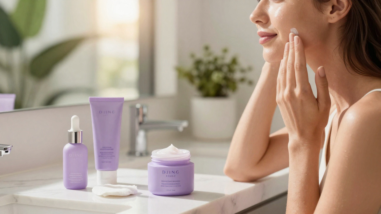 Mulher a aplicar creme hidratante no rosto em casa, com produtos de cuidado facial num lavatório.