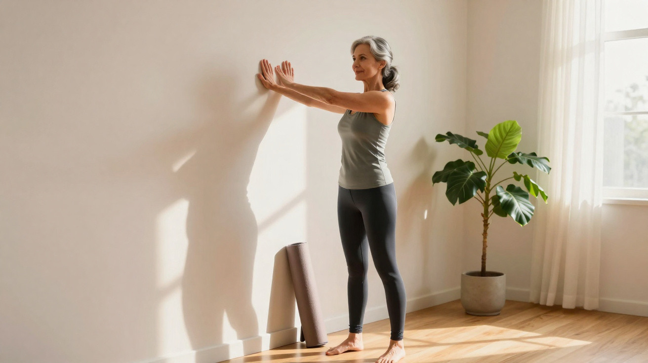 Mulher madura a fazer alongamentos junto à parede numa sala iluminada com planta e tapete de yoga no chão.