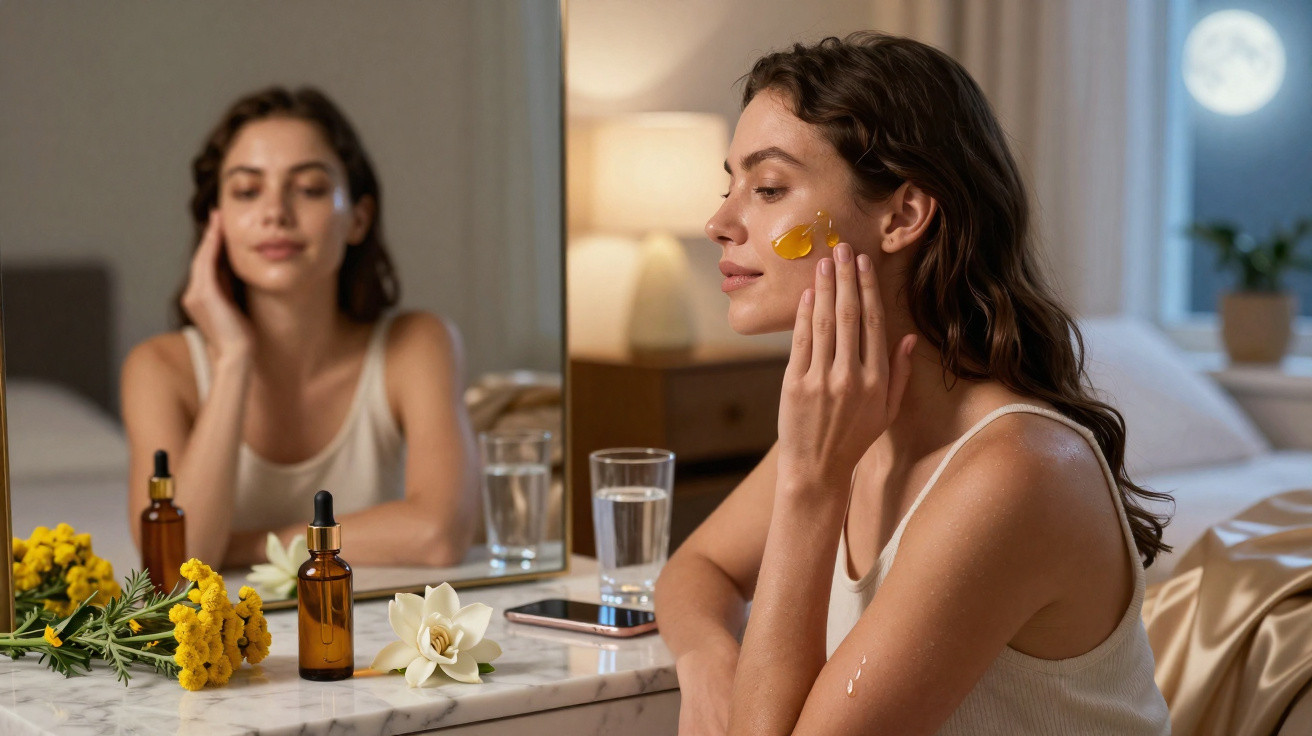 Mulher aplica óleo facial sentada à frente de um espelho numa mesa com frascos e flores num quarto à noite.