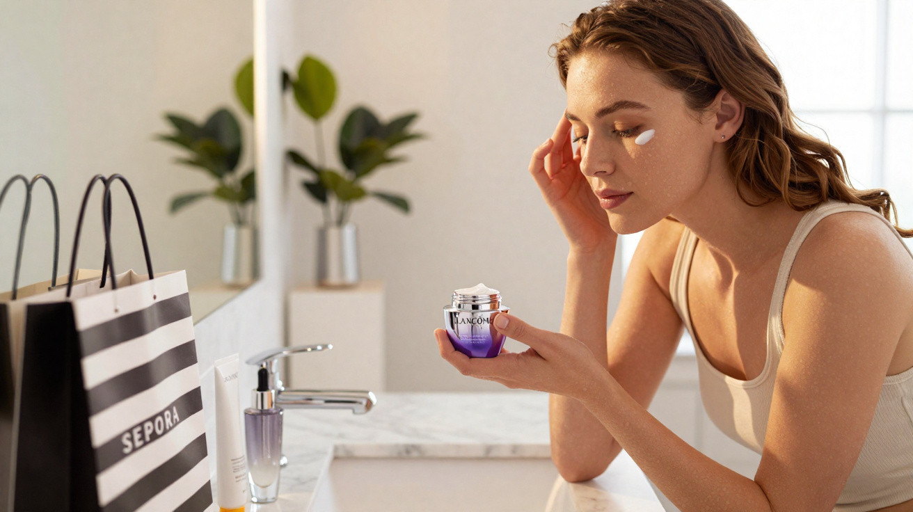 Mulher aplica creme facial sentada junto a uma pia com sacos e produtos de beleza ao lado.