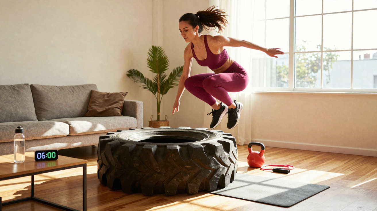 Mulher faz exercício de salto sobre pneu grande numa sala iluminada com lareira e utensílios de fitness.
