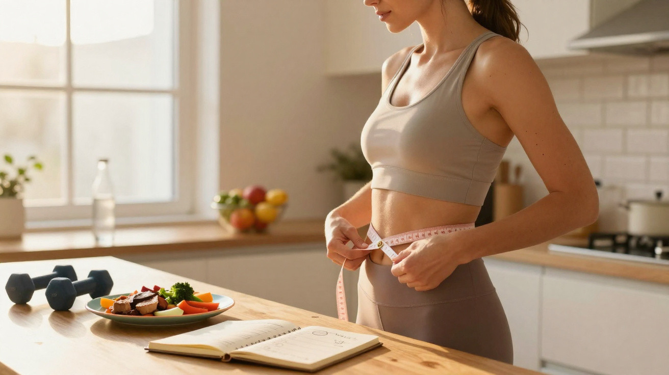 Mulher em roupa de treino a medir a cintura com fita métrica na cozinha, com comida saudável e caderno na mesa.