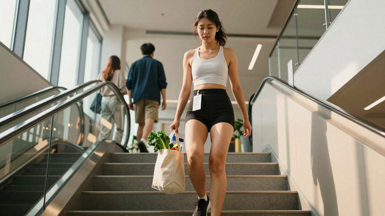 Jovem mulher desce escadas com roupa desportiva e saco de supermercado, em ambiente urbano interior.