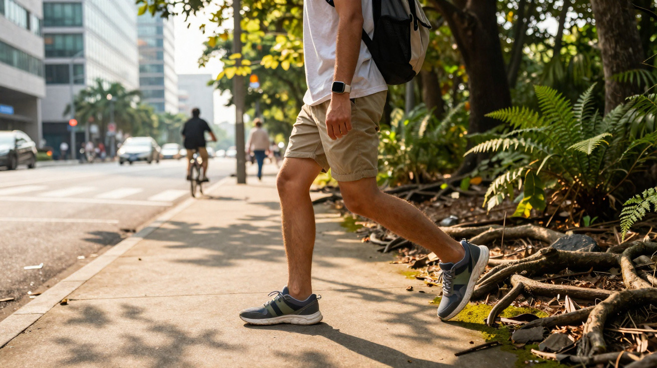 Pessoa a atravessar passeio urbano perto de árvores e ciclista ao fundo numa rua movimentada.