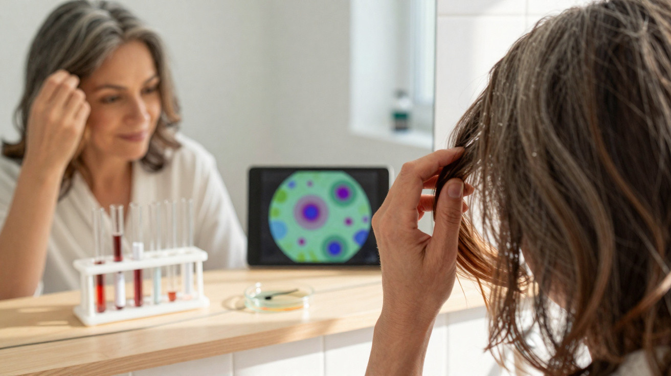 Mulher a analisar resultados de exames laboratoriais reflectidos num espelho com tubos de ensaio e ecrã ao fundo.
