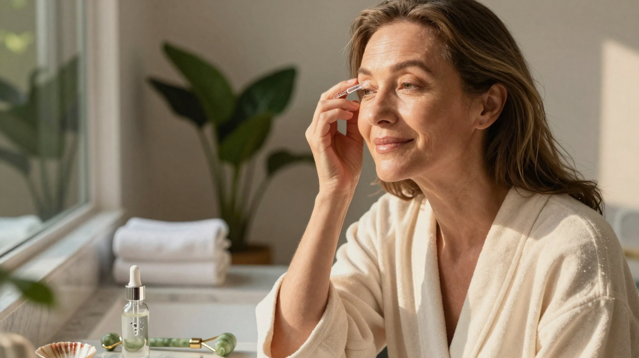 Mulher de expressão serena aplica produto de beleza na zona dos olhos num ambiente luminoso e relaxante.