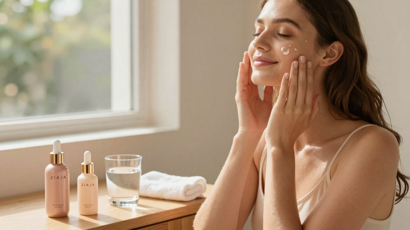 Mulher a aplicar creme hidratante no rosto, sentada junto a uma janela com produtos de pele à frente.