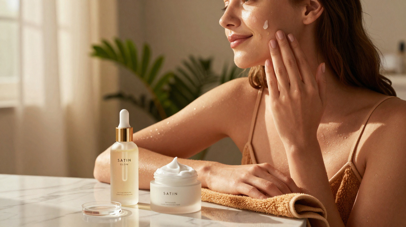 Mulher a aplicar creme facial com produtos de cuidados de pele da marca Satin numa mesa.