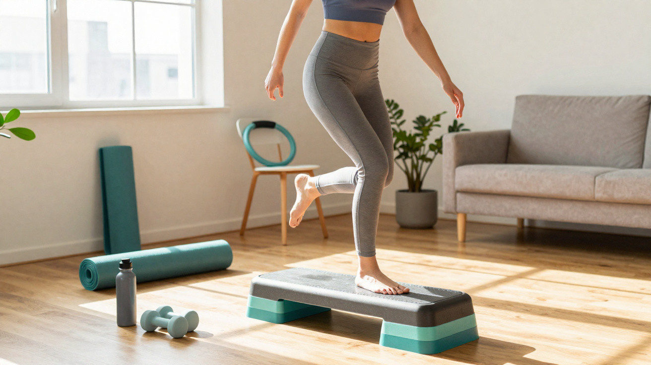 Pessoa a fazer exercício de step em casa com roupa desportiva cinzenta e azul.