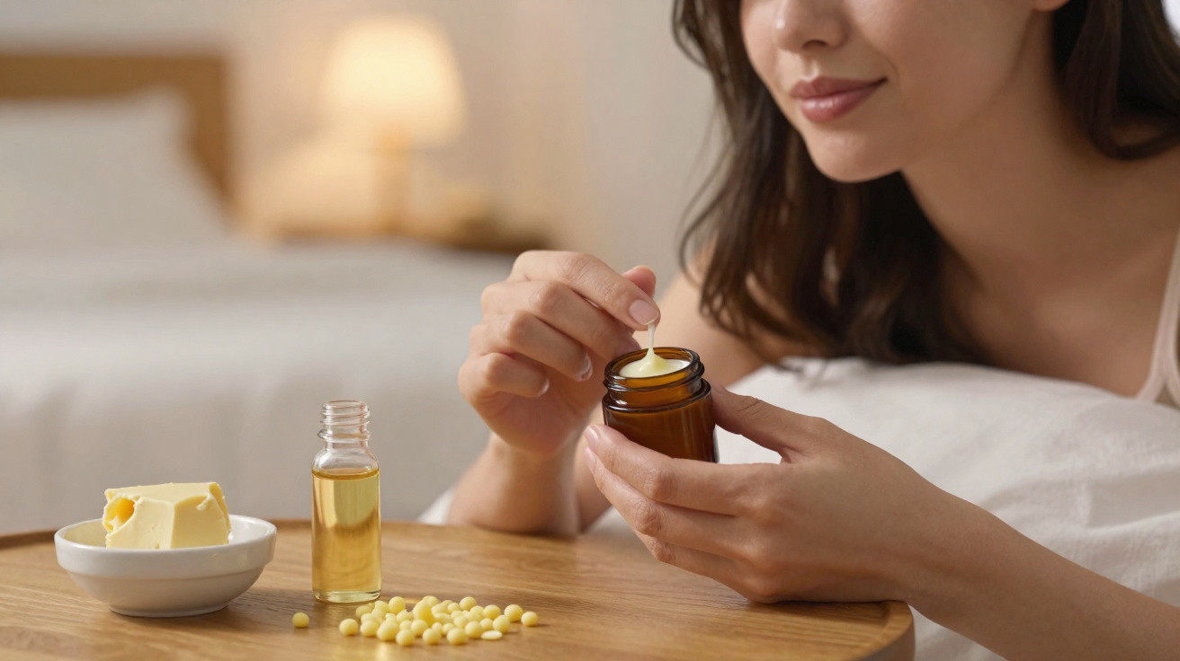 Mulher a usar colher para tirar pomada de frasco com manteiga, óleo e pastilhas sobre mesa de madeira.