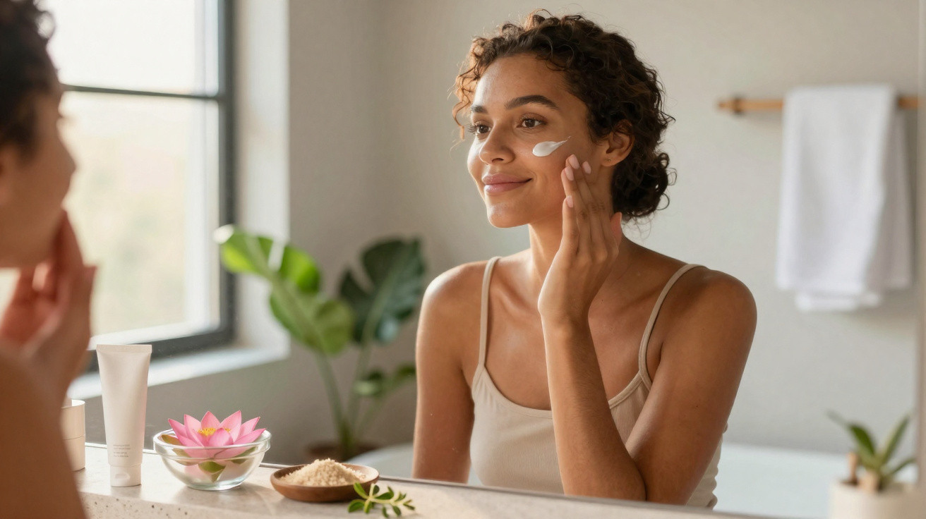 Mulher a aplicar creme facial espelhada em casa, com ambiente calmo e plantas no fundo.