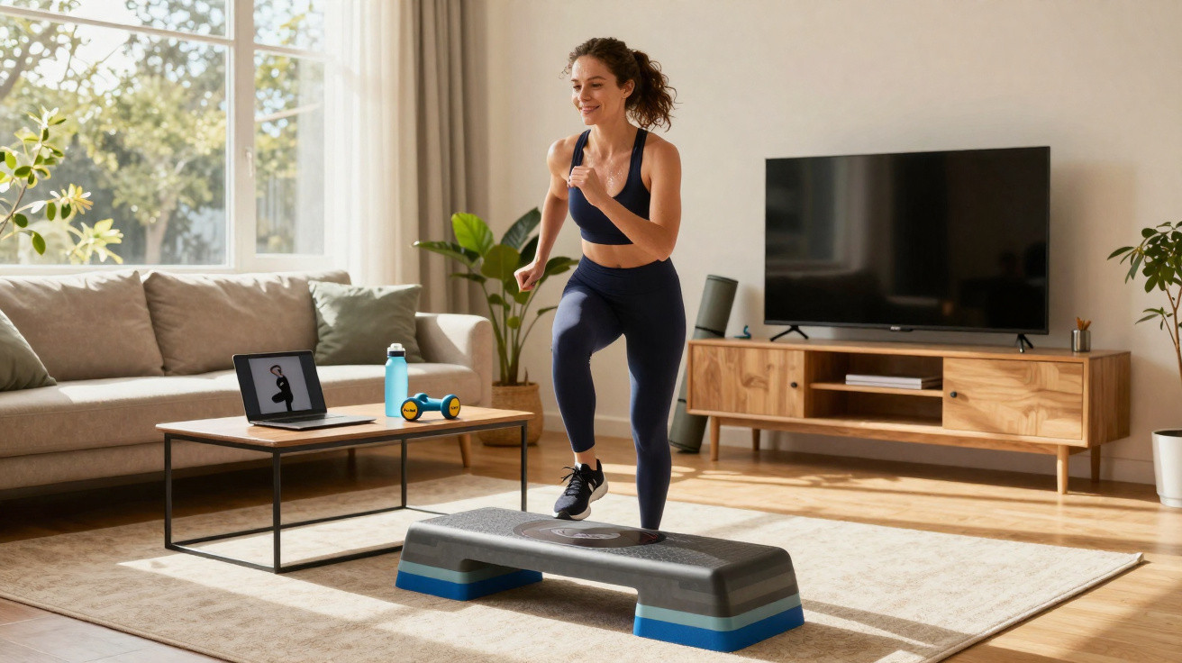 Mulher a fazer exercício de step em casa, com roupa desportiva e expressão feliz.