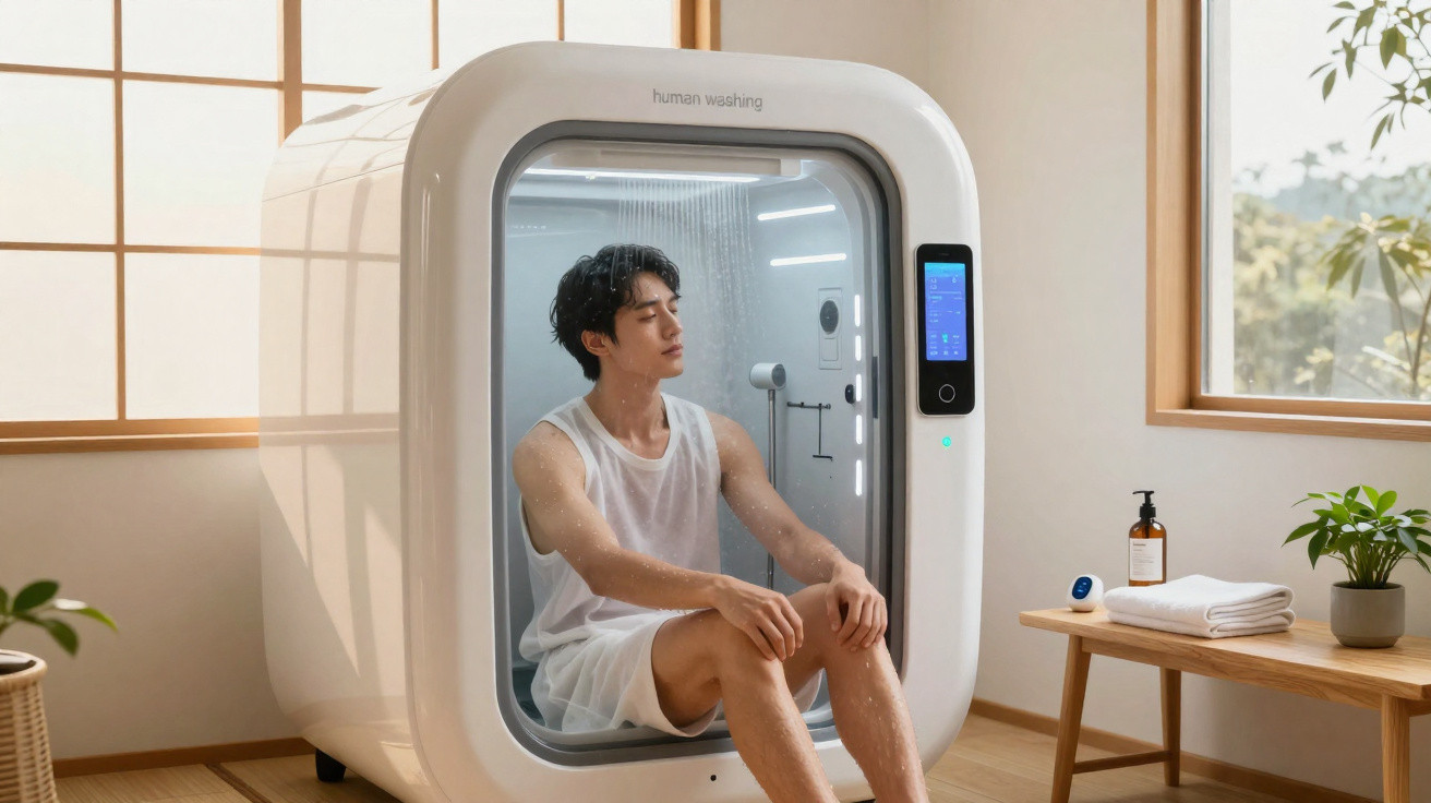 Homem sentado dentro de uma moderna cabine de banho automatizada numa sala iluminada e minimalista.