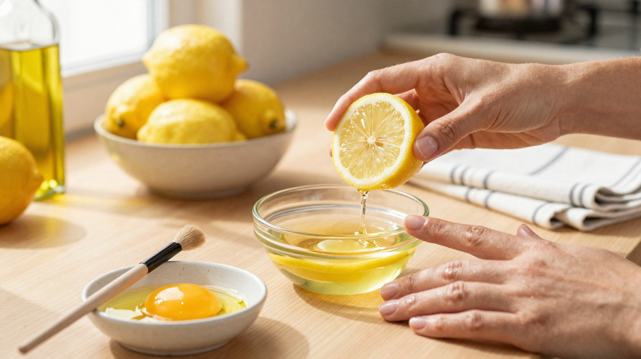 Mãos a espremer meio limão sobre uma taça com líquido amarelo numa bancada de cozinha.