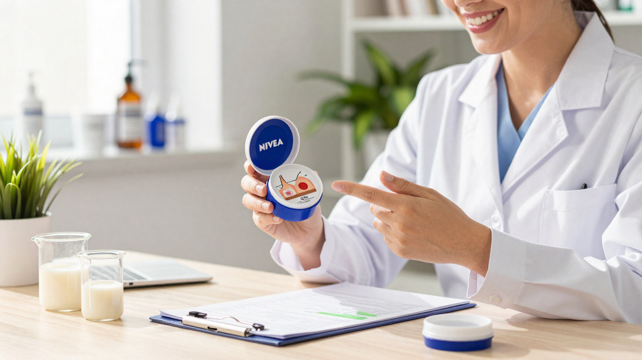Profissional de saúde a mostrar creme Nivea para queimaduras numa consulta médica.