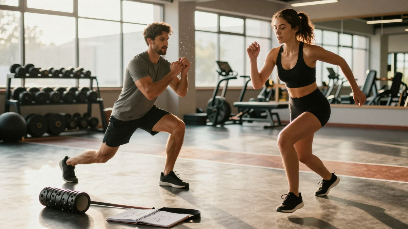 Homem e mulher a fazer exercícios de pernas numa academia com equipamento ao fundo.