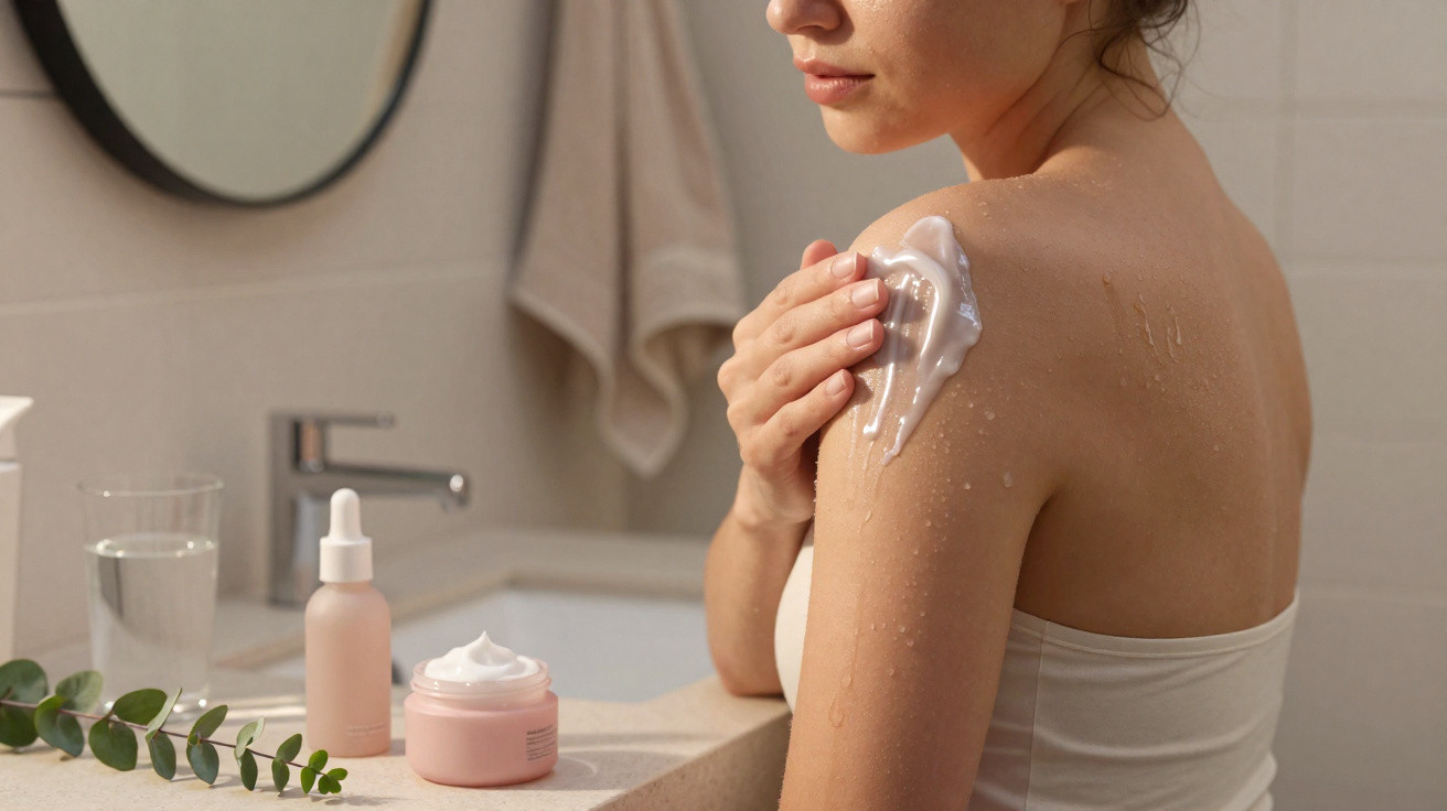 Mulher a aplicar creme hidratante no ombro num lavabo com produtos de cuidados de pele visíveis.