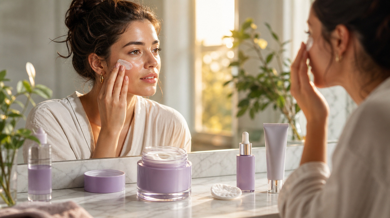 Mulher aplica creme hidratante no rosto, refletida em espelho, com frascos de cosméticos numa bancada.