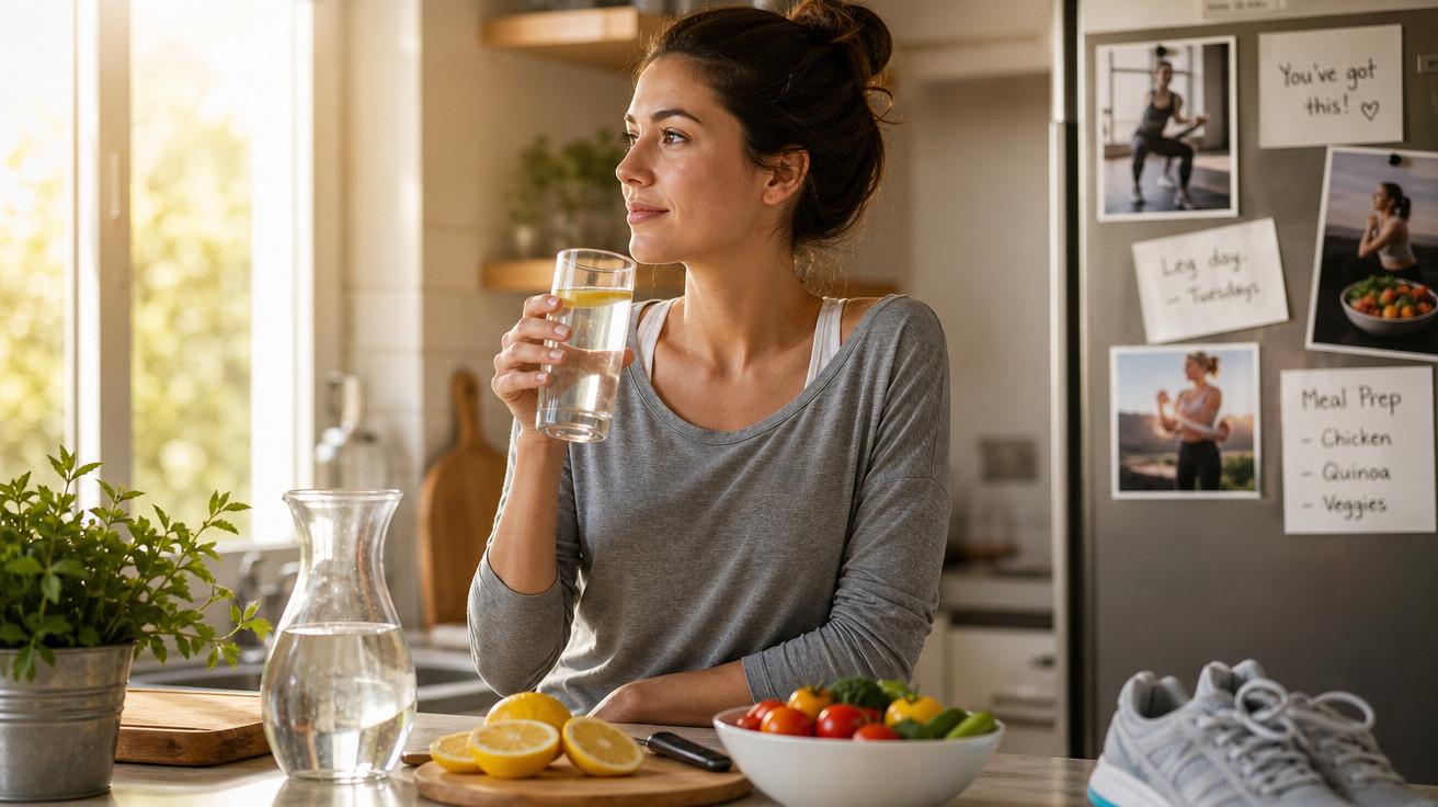 Mulher jovem em cozinha moderna a beber água, com frutas e legumes na bancada e notas motivacionais no frigorífico.