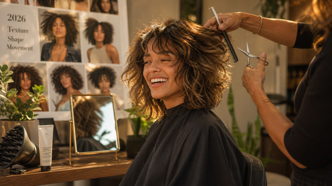 Mulher sorridente a receber corte de cabelo em salão, com inspiração de penteados cacheados na parede.