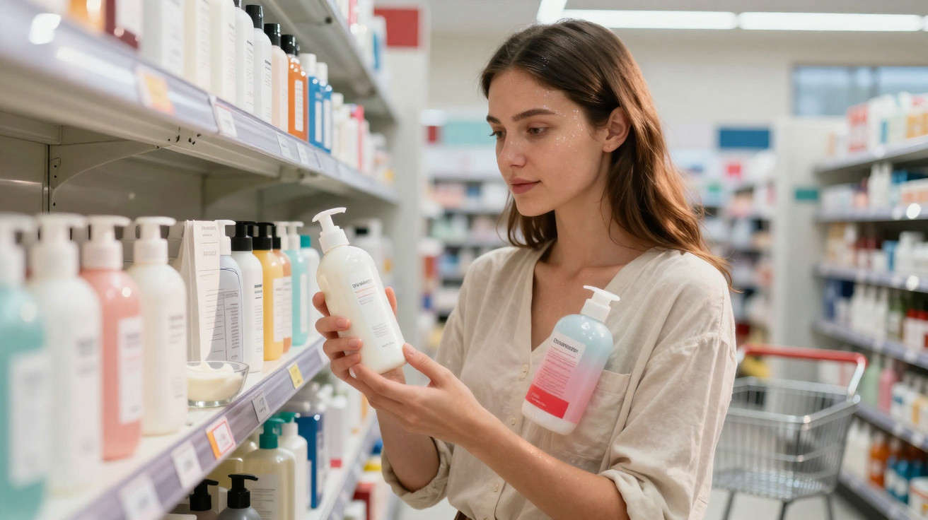 Mulher a escolher produtos de cuidado pessoal numa prateleira de supermercado, com carrinho de compras.