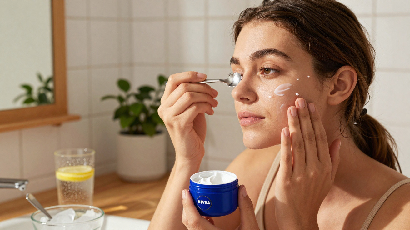 Mulher a aplicar creme facial da Nivea perto de pia com plantas e copos de água.