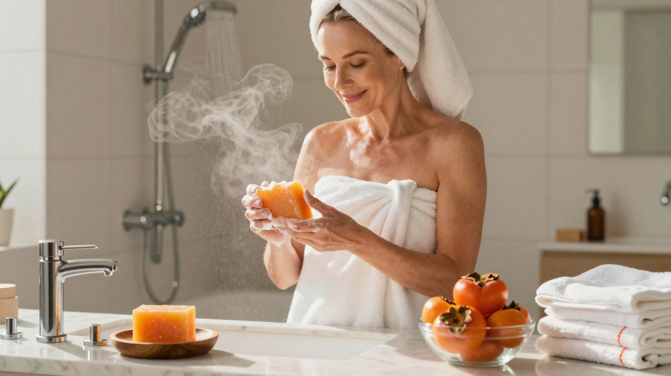 Mulher com toalha na cabeça, segurando vela perfumada fumegante numa casa de banho moderna.