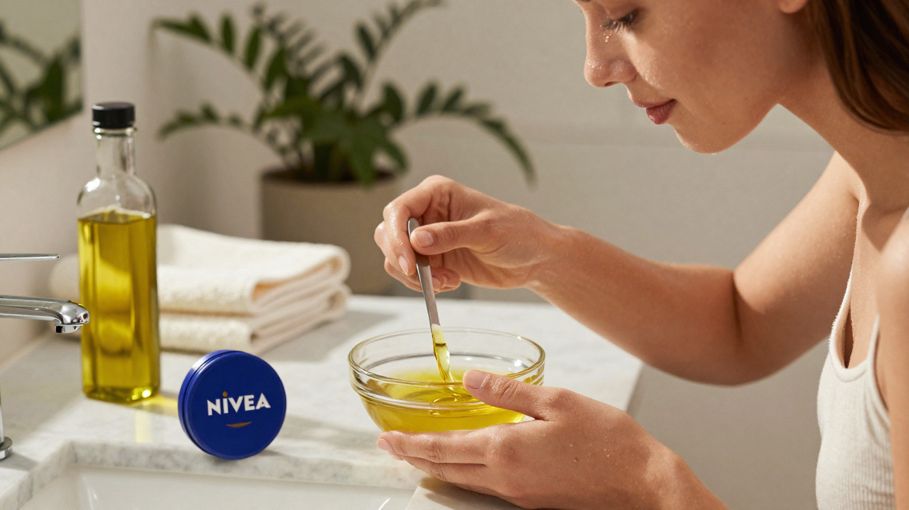 Mulher mexe óleo numa taça de vidro, ao lado frasco de óleo e creme Nivea em casa de banho.