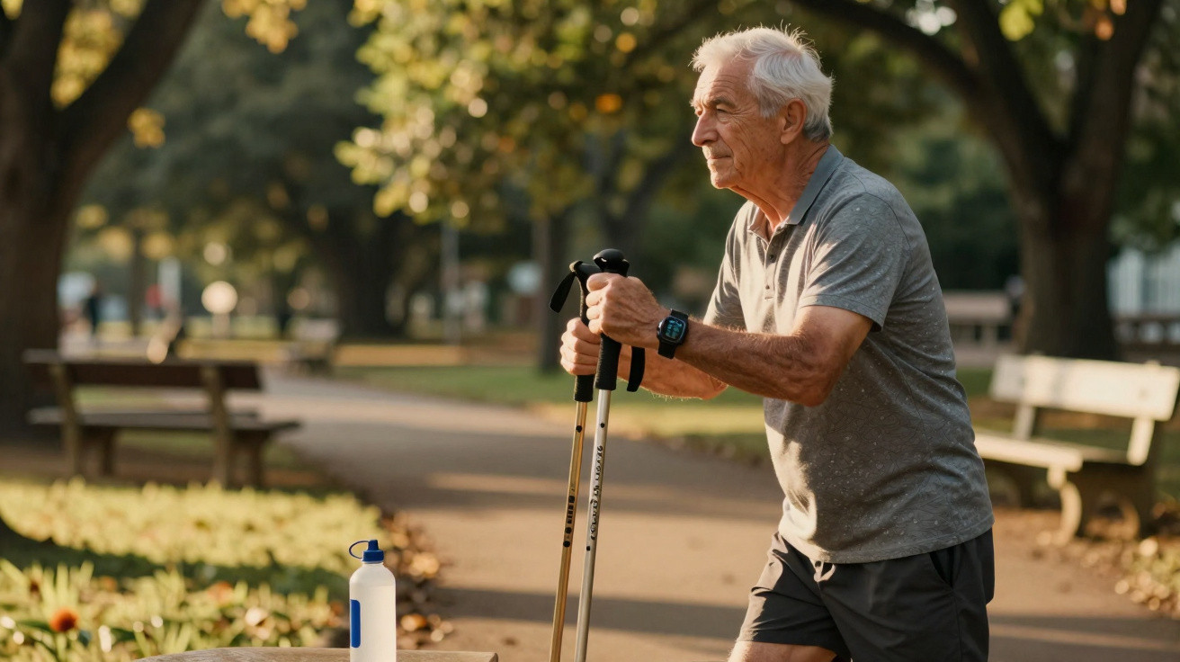 Homem idoso a praticar caminhada com bastões num parque ao entardecer, junto a banco e garrafa de água.