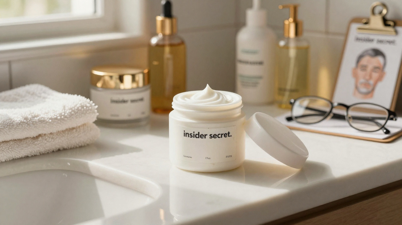 Frasco aberto de creme facial Insider Secret num lavatório com toalhas, frascos e óculos sobre bancada.