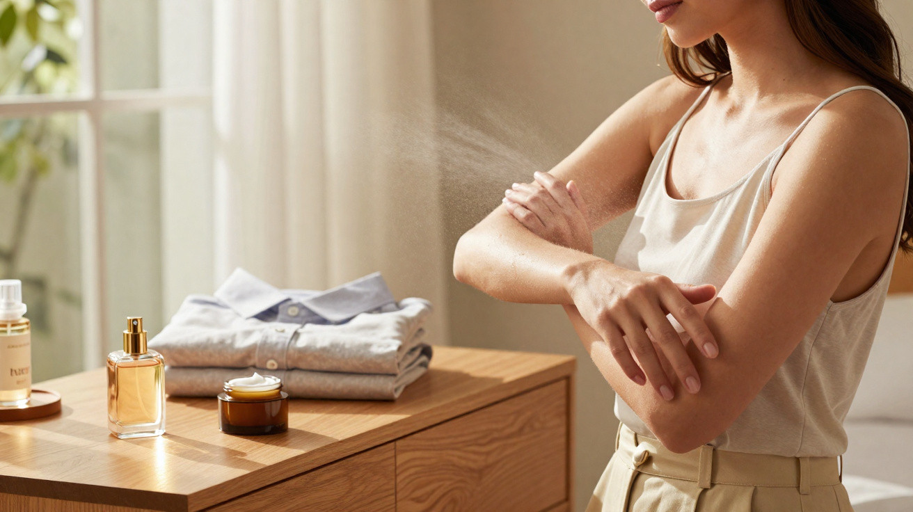 Mulher aplica spray hidratante nos braços com produtos de beleza e roupa dobrada numa cómoda de madeira.