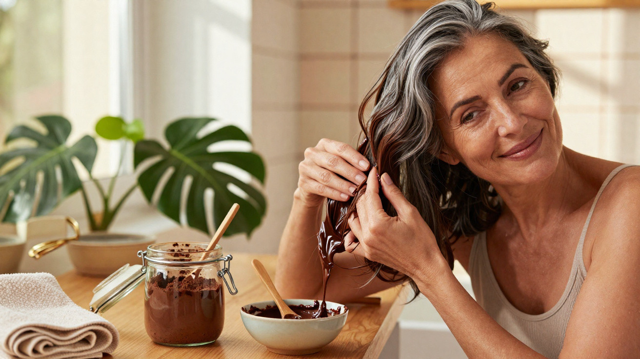 Mulher aplica máscara de tratamento capilar caseiro com ingredientes naturais numa casa iluminada.