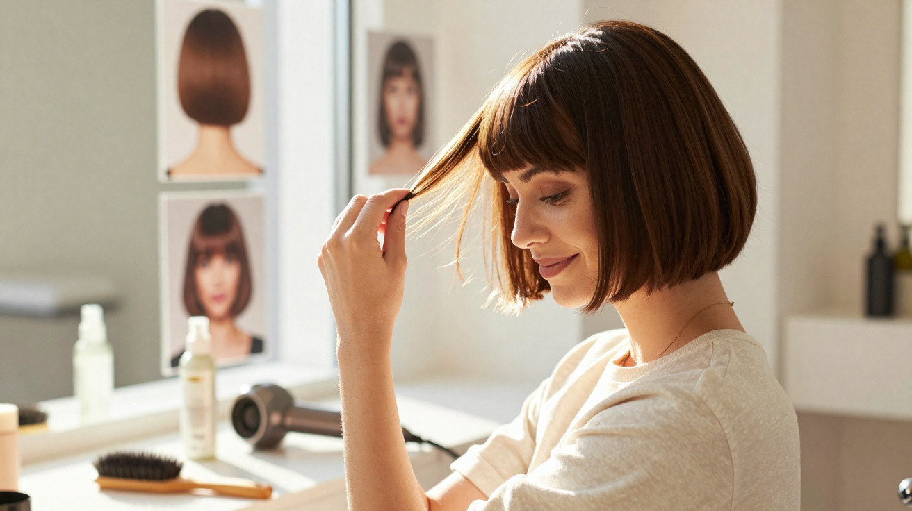 Mulher com cabelo curto castanho a tocar no cabelo, sentada junto a uma secretária com espelho.