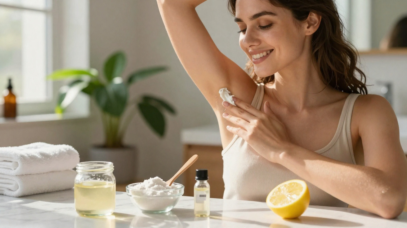 Mulher a aplicar desodorizante caseiro no antebraço, com ingredientes naturais numa mesa.