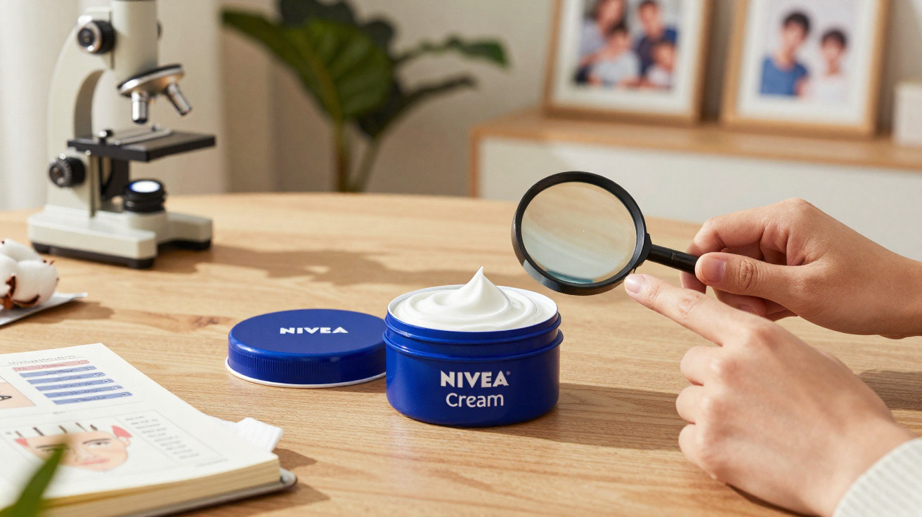 Pessoa a segurar uma lupa sobre um frasco azul aberto de creme Nivea numa mesa de madeira.