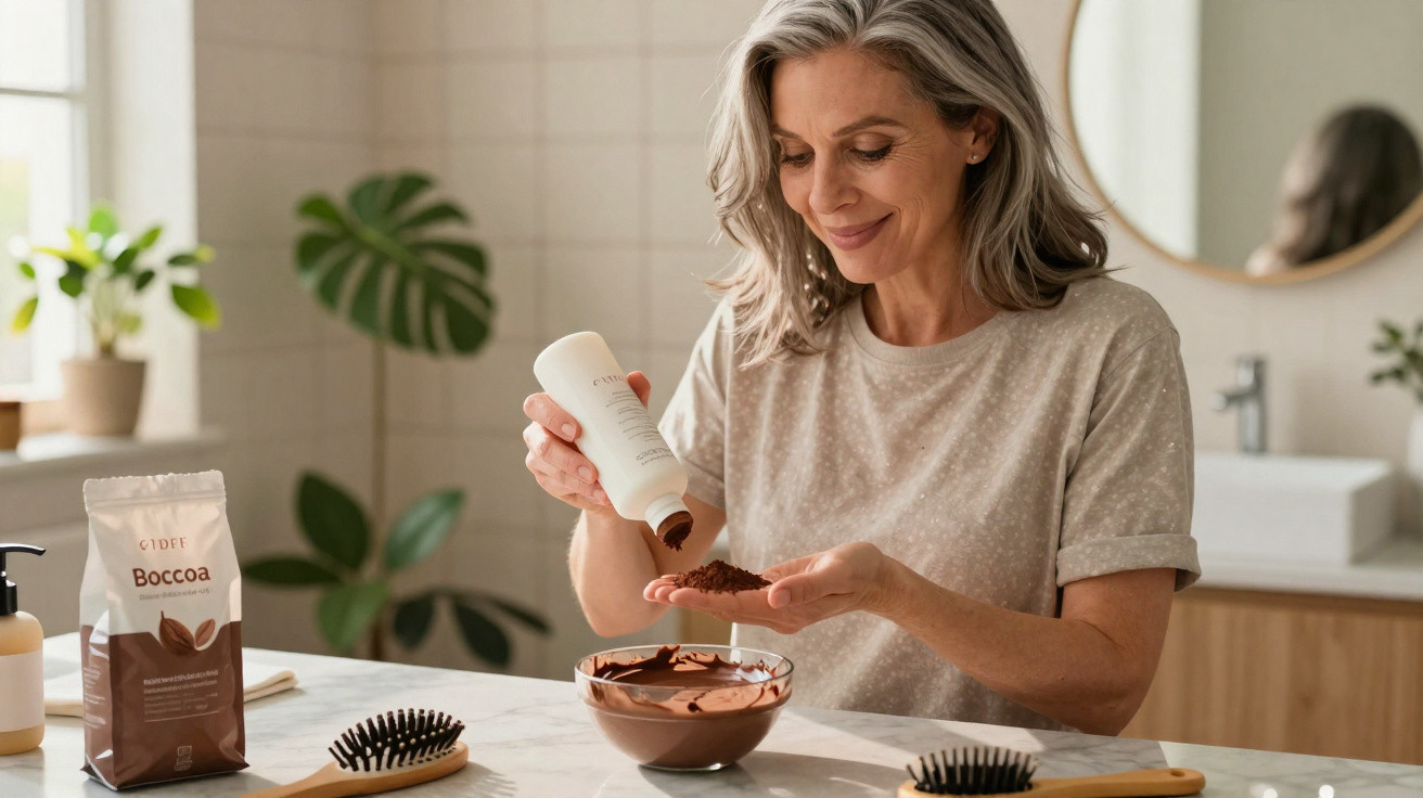 Mulher sorridente a aplicar máscara capilar de chocolate numa tigela no seu banheiro iluminado e com plantas.