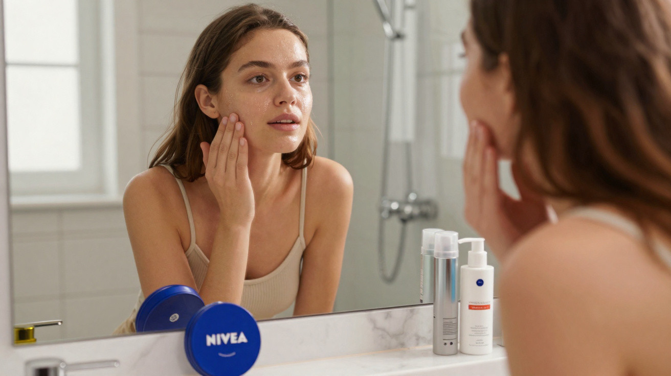 Mulher aplica creme facial junto a produtos de cuidados de pele numa casa de banho moderna.