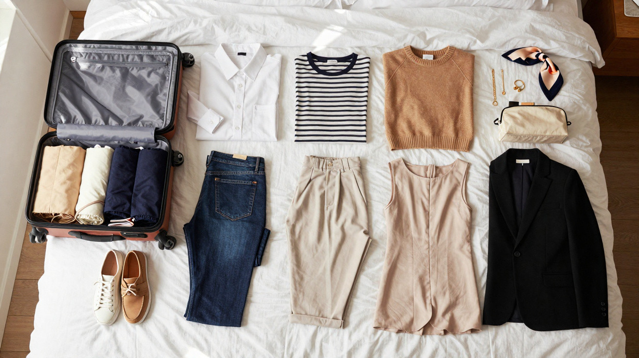 Mala aberta e roupa organizada sobre cama, incluindo camisas, calças, casaco, sapatos e acessórios de viagem.