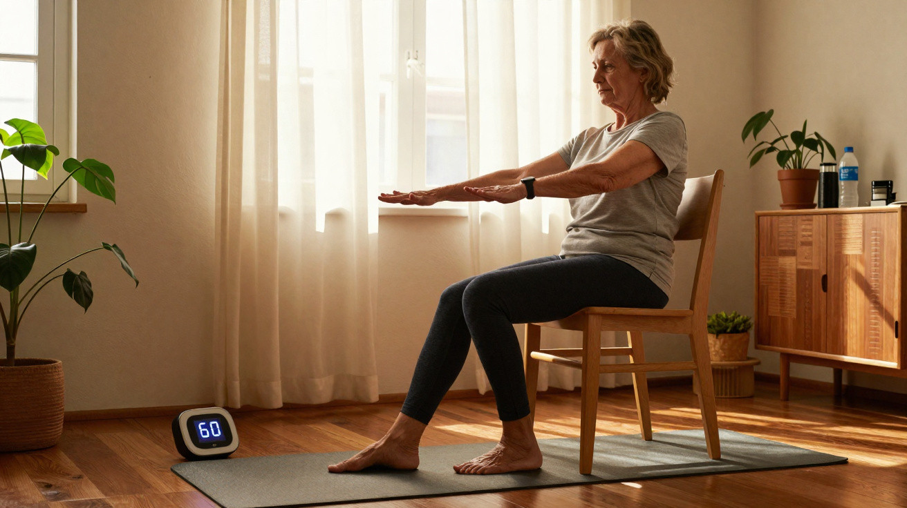 Mulher sénior a fazer exercícios de alongamento sentada numa cadeira numa sala iluminada com plantas.