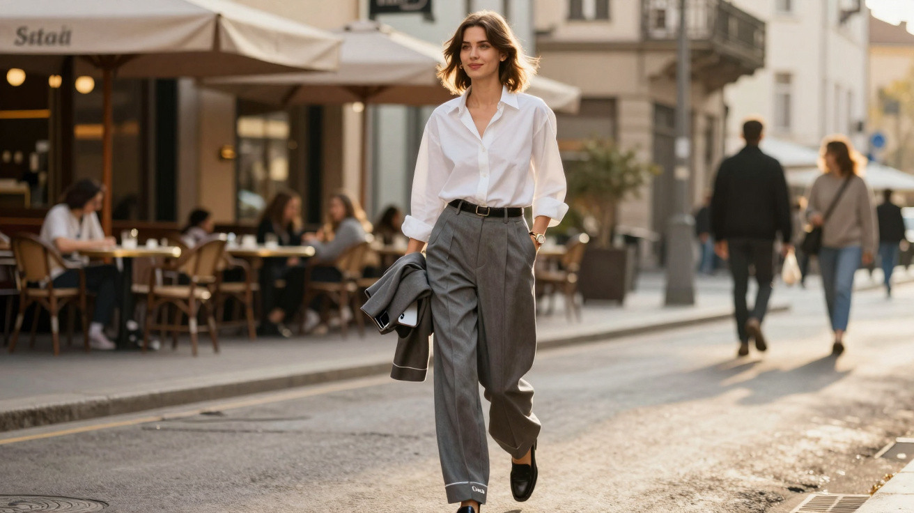 Mulher elegante a caminhar na rua com camisa branca e calças cinzentas largas, perto de esplanada.