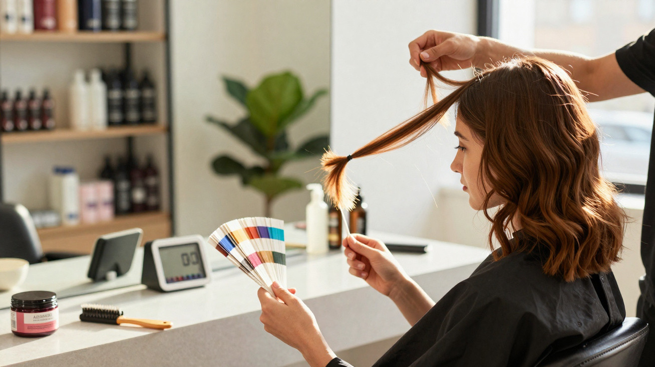 Mulher no cabeleireiro com amostra de cores a escolher a tinta para o cabelo, segurando madeixa e leque colorido.