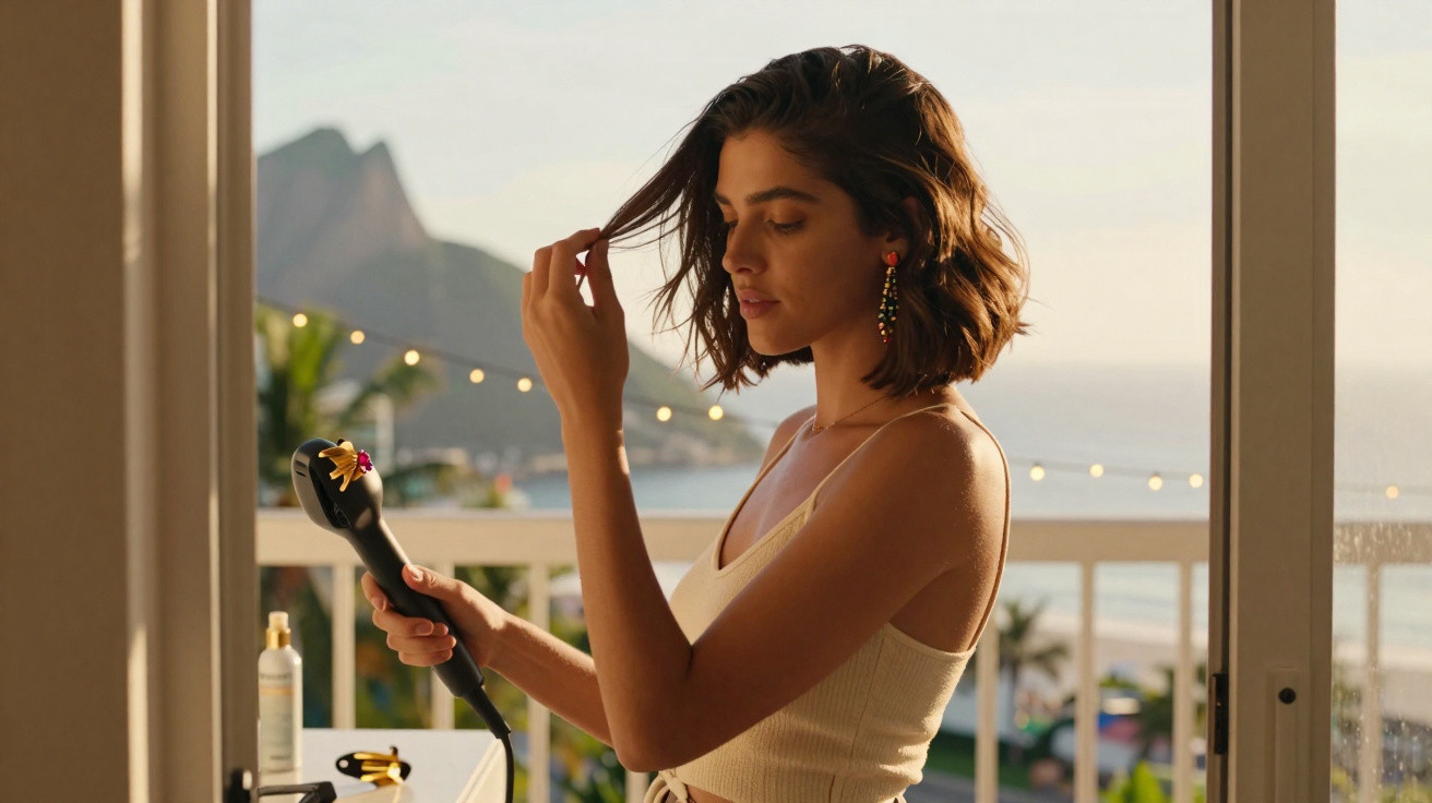 Mulher com cabelo curto usa modelador de cabelo numa varanda com vista para o mar ao pôr do sol.