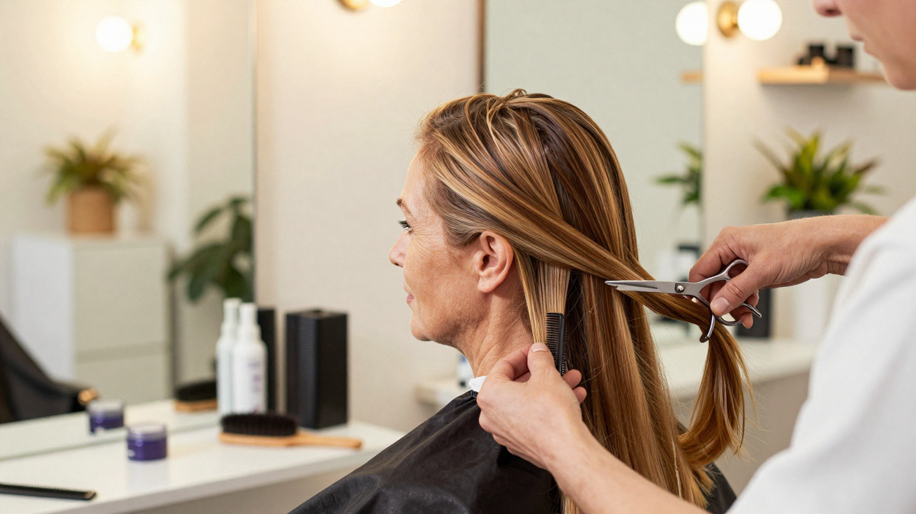 Cliente com cabelo loiro a ser cortado por cabeleireiro num salão moderno e iluminado.