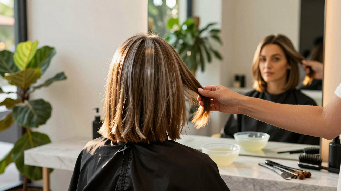 Mulher sentada no cabeleireiro, de capa preta, a ser avaliada pelo profissional de cabelo.