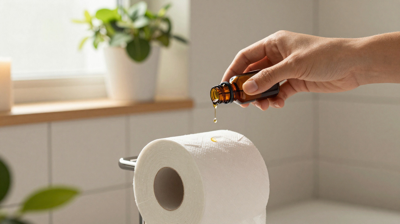 Mão a pingar óleo essencial num rolo de papel higiénico num ambiente de casa de banho iluminado.
