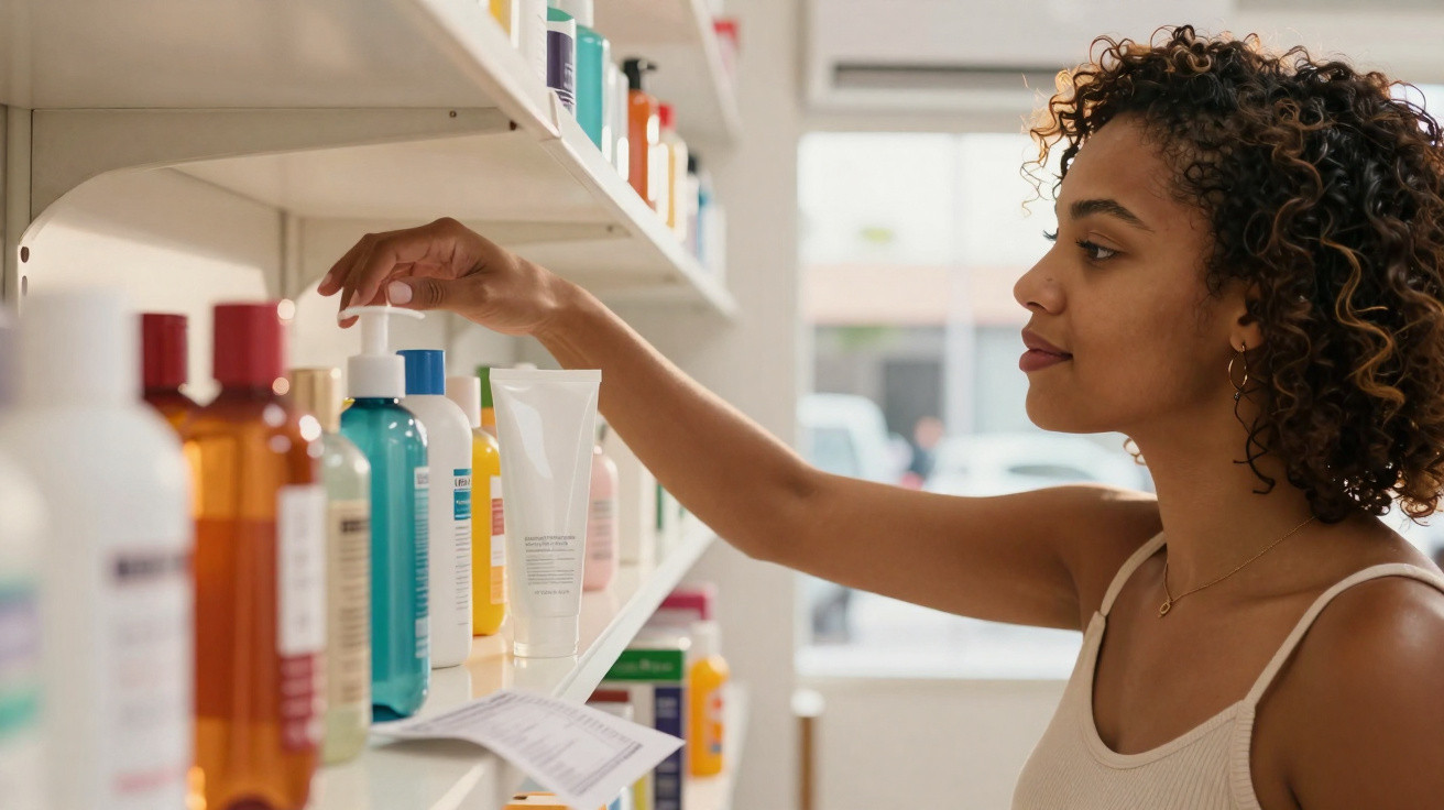 Mulher a escolher um frasco numa prateleira de produtos de cuidados pessoais numa loja iluminada.